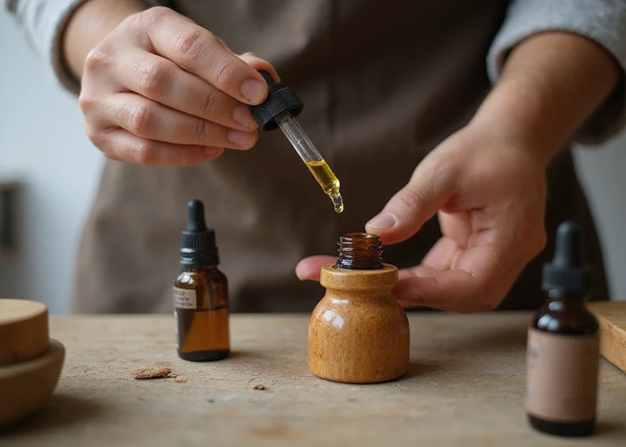 Hands carefully refilling a wood turned oil applicator using a dropper, surrounded by oil bottles and a calm setting.