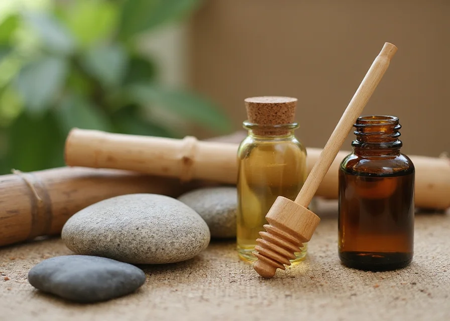A serene spa setup with a wooden oil applicator, open essential oil bottle, and natural textures like stone and bamboo.