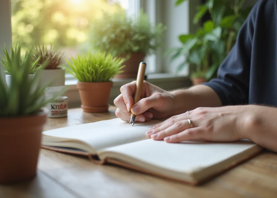 Hands writing in an eco-friendly notebook with a biodegradable pen, surrounded by plants and sunlight from a window.