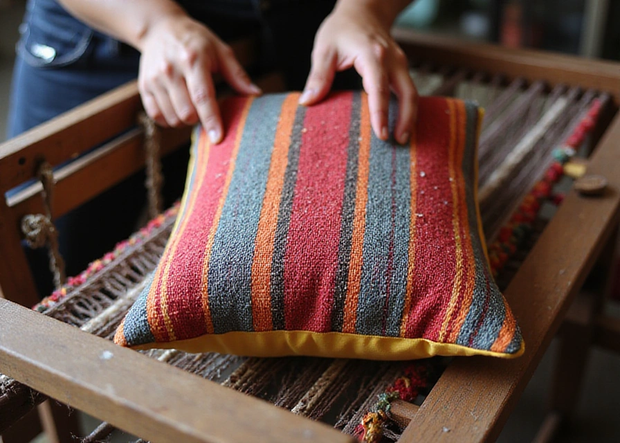 Close-up of artisan hands weaving a colorful pillow cover on a wooden loom with vibrant threads, showcasing traditional craftsmanship.