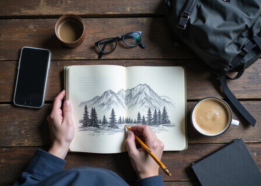 Backpacker drawing a mountain scene in a travel journal with hiking gear and a hot coffee nearby.