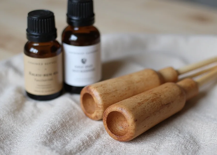 Close-up of handcrafted wood turned essential oil applicators on a linen cloth beside small bottles of essential oils.