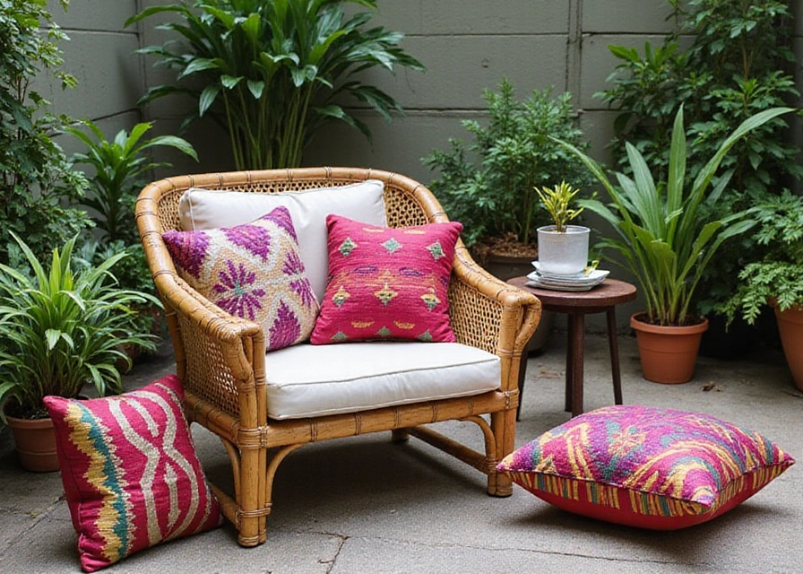 Boho-chic outdoor patio with wicker chair, handwoven geometric pillows, and potted plants.