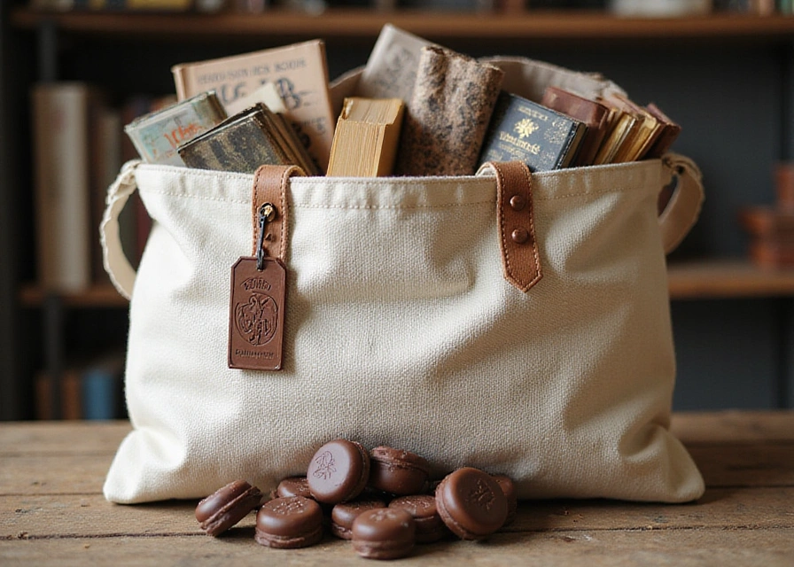 A spacious canvas bag filled with novels, a bookmark, and a few chocolate treats for a book lover.