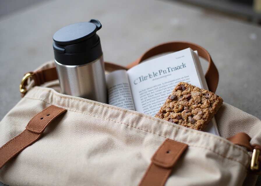 Close-up of a worn canvas bag with a paperback, granola bar, and thermos, ready for a day out.