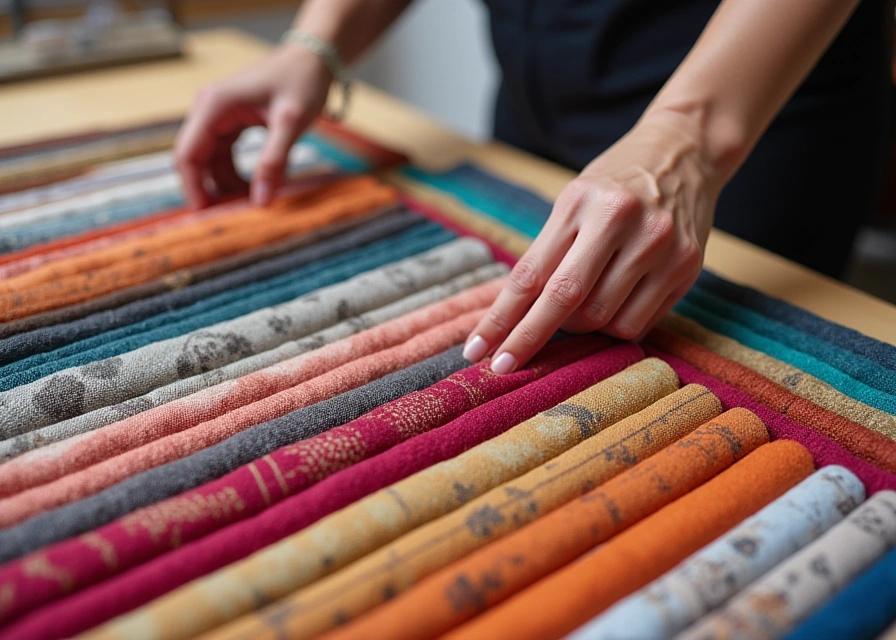 Close-up of a hand picking a colorful patterned fabric among various textures and colors on a display table.