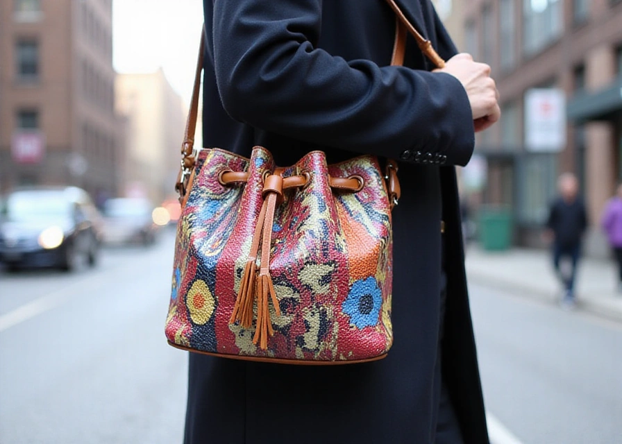 A stylish outfit with a vibrant bucket bag, set against a city backdrop in soft natural light.