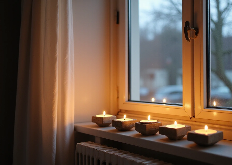 A row of sleek concrete tea light holders on a windowsill, glowing warmly against sheer curtains in a peaceful bedroom.