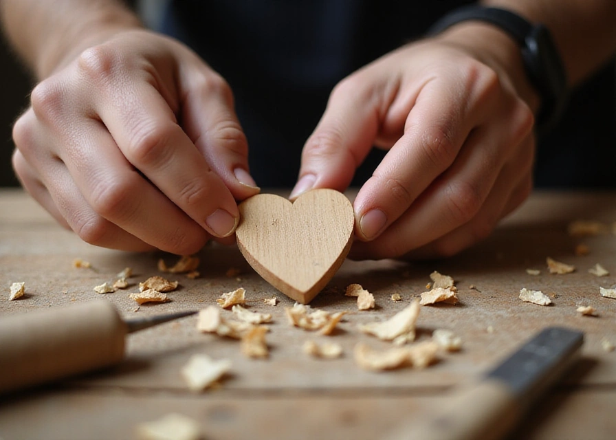 Close-up of craftsman's hands sanding a small wooden heart with wood shavings and tools nearby, conveying handmade craftsmanship.
