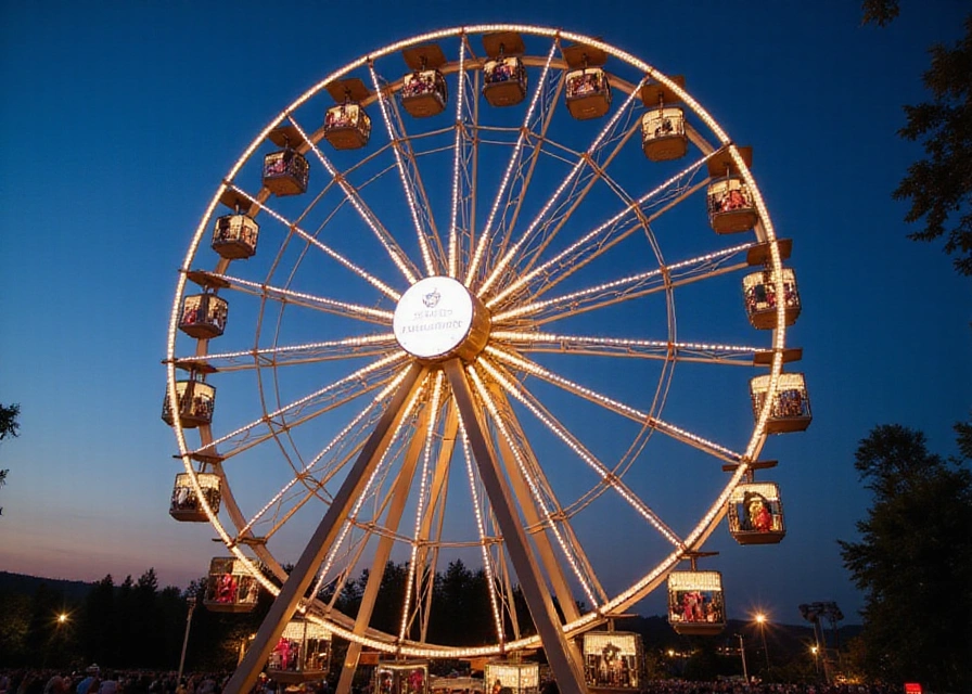 A dreamy Ferris wheel frame at dusk, lit by fairy lights, with cabins displaying different cherished memories.