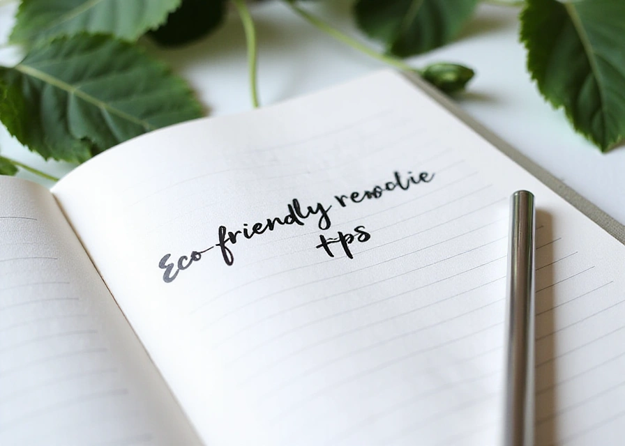 Close-up of a notebook with eco-friendly tips, surrounded by leaves and a reusable metal straw.