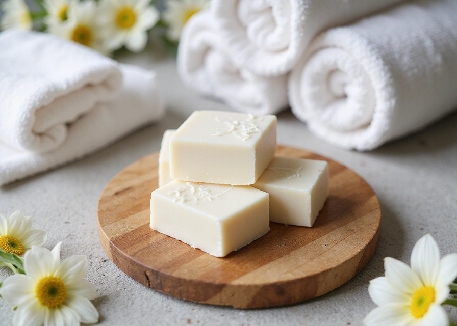 Goat milk soap bars on a wooden tray with fresh flowers and soft towels in a spa-like bathroom setting.