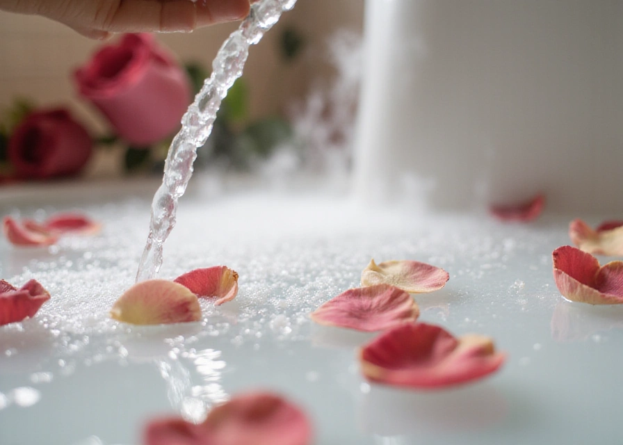 Close-up of Saje bath salts pouring into a steamy bathtub with rose petals and soft lighting.