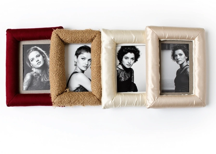 Side-by-side fabric frames comparison: velvet, burlap, and silk, each displaying a black-and-white photograph.