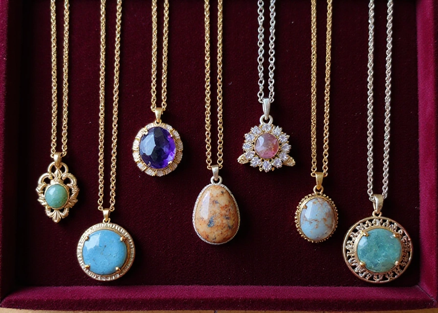 Flat lay of colorful gemstone charm necklaces arranged on a velvet tray, showcasing intricate designs and vibrant hues.