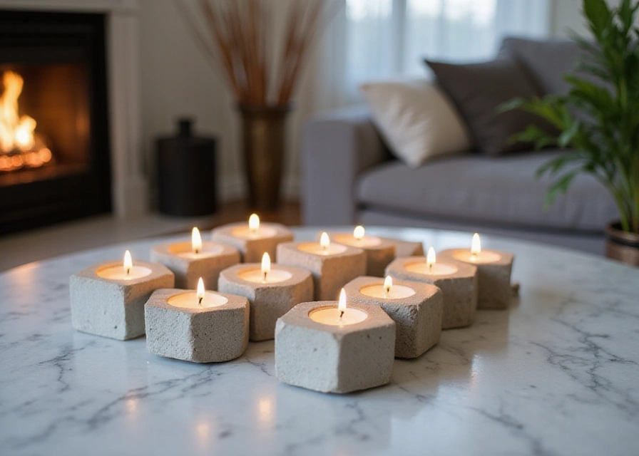 Geometric concrete tea light holders on sleek marble, flickering candlelight in a modern living room.