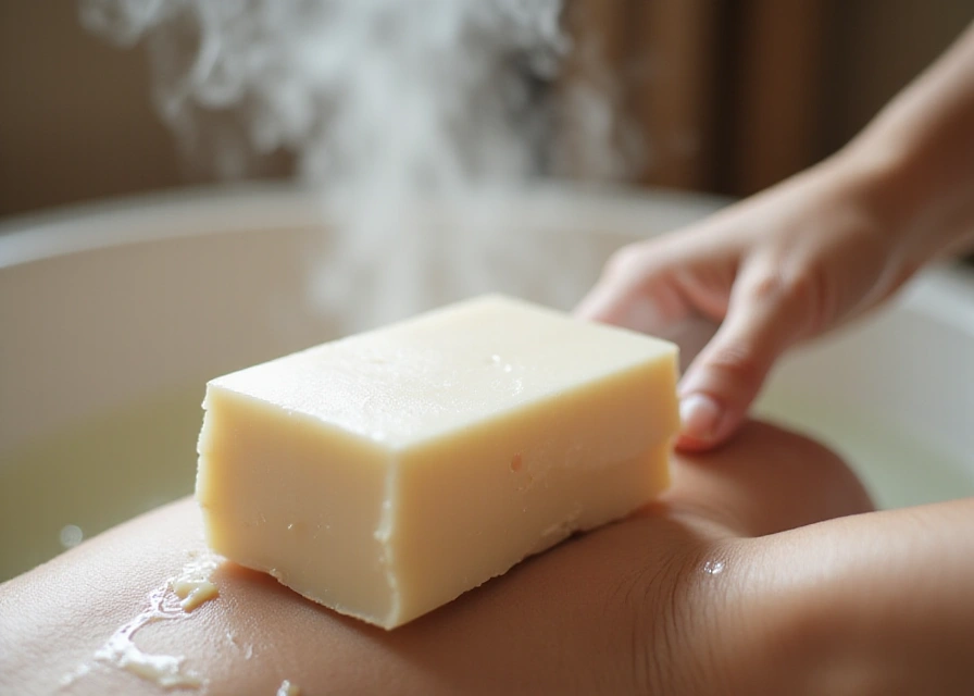 Goat milk soap being massaged onto skin with steam rising from a warm bath, creating a soothing, luxurious ambiance.