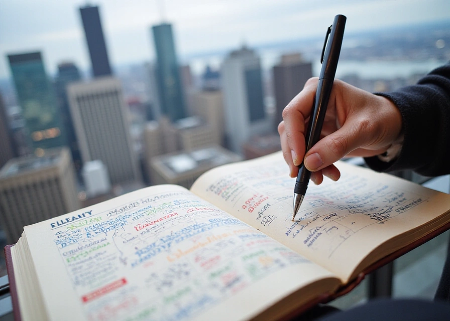A hand writing in a vibrant travel journal with doodles, a bustling cityscape in the background.