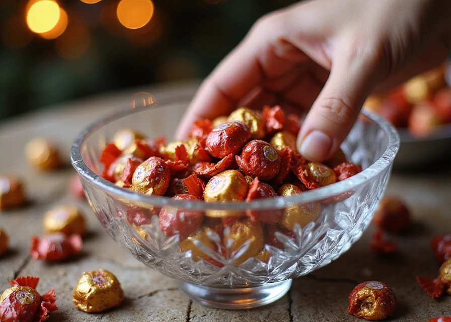 Close-up of hand placing shiny wrapped candies into etched glass dish, blurred party in background.