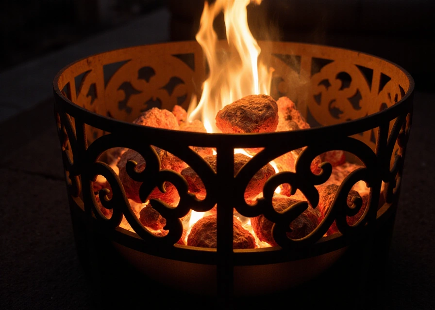 Close-up of a handcrafted metal fire pit with intricate patterns, glowing embers, and warm flame, showcasing artisanal details.