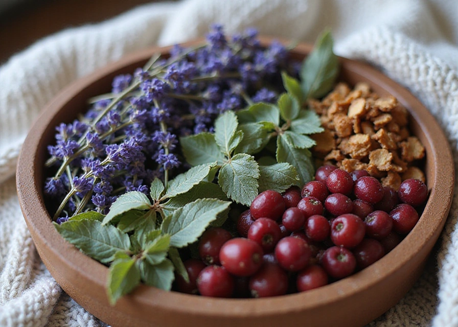 Close-up of handmade potpourri bowl with lavender, eucalyptus, dried berries, and knitted blanket in background.