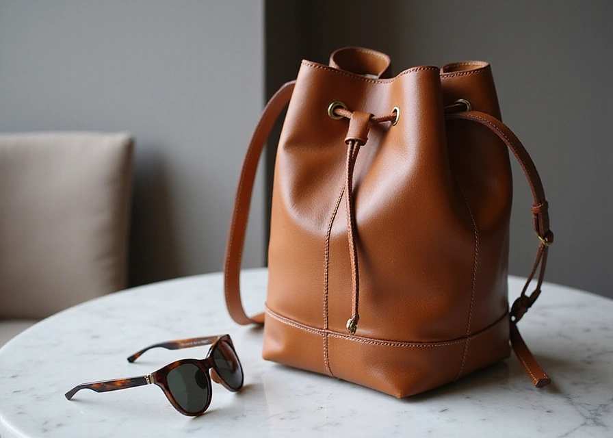Close-up of a minimalist leather bucket bag with intricate stitching on a marble table, styled with accessories.
