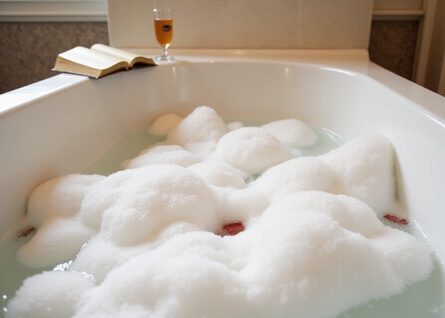 Luxurious bathtub with foamy water, Saje bath salts, champagne glass, and book on the edge, exuding relaxation and indulgence.