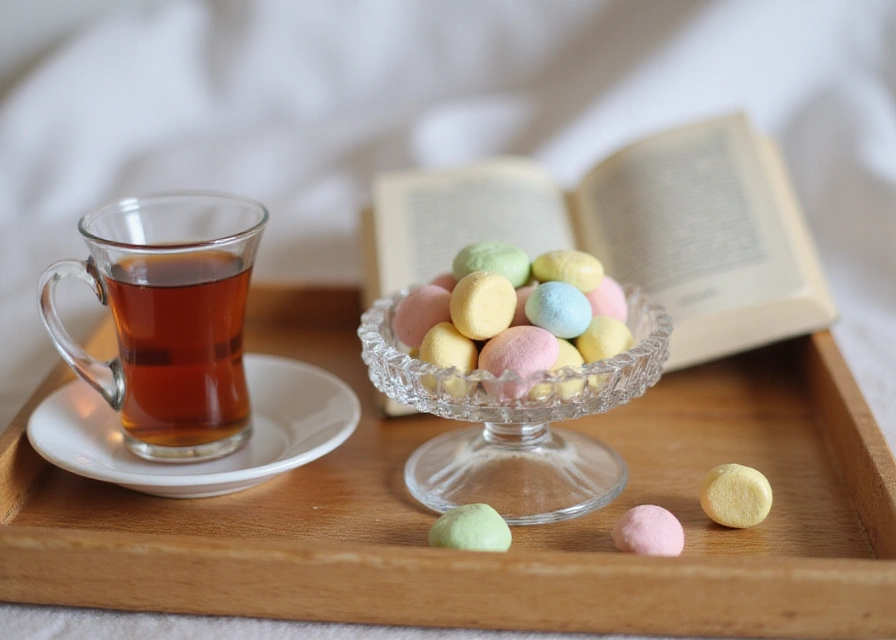 A minimalist glass dish with pastel candies on a wooden tray beside tea and a book.