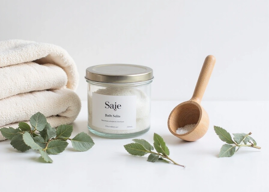 Minimalist spa setup with Saje bath salts in jar, wooden scoop, eucalyptus branches, and cozy robe nearby.