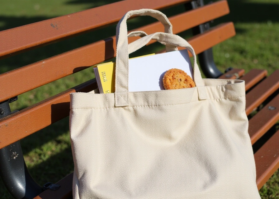 A minimalist canvas tote bag with a book and snack on a sunny park bench.