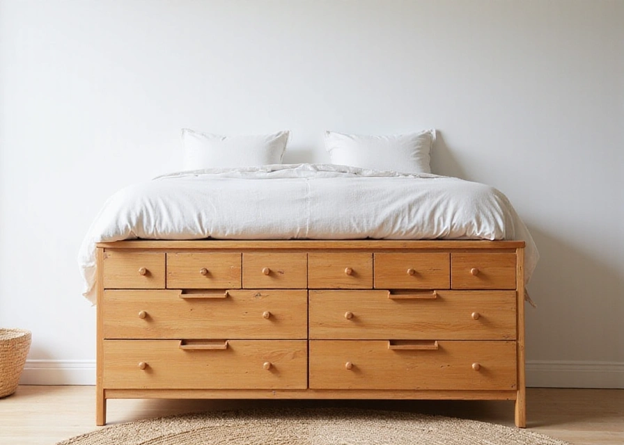 A serene bedroom with a modern bamboo dresser, organic cotton bedding, and a woven jute rug, all toxin-free.