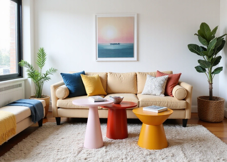 Nesting coffee tables in bold colors arranged creatively to save space and enhance decor in a small living room.