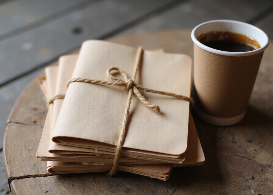 A stack of earth-toned recycled notebooks tied with jute twine next to a reusable coffee cup on a rustic table.
