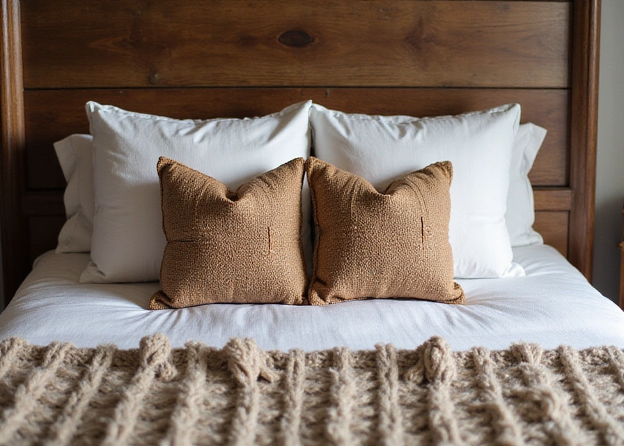 Rustic bedroom with a neatly made bed featuring handwoven earthy-toned pillows and a chunky knit throw.