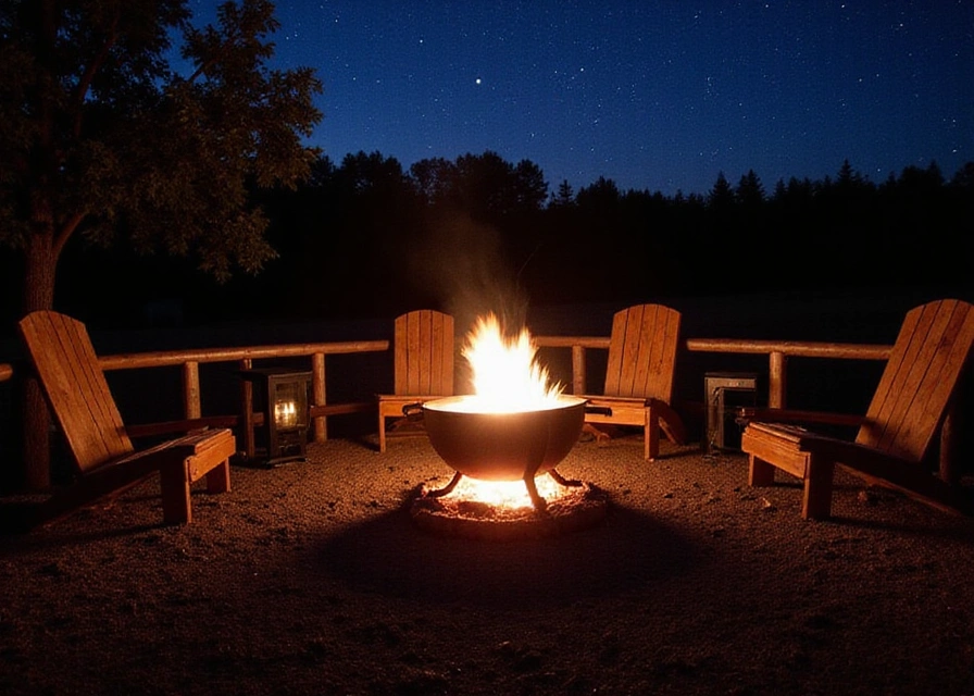 A rustic outdoor setting with a custom metal fire pit, wooden chairs, and a starry night sky.