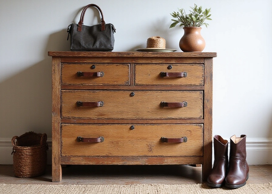 Rustic upcycled dresser with vegan leather handles, surrounded by zero-waste lifestyle accessories.
