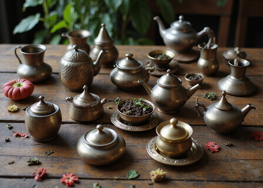 Rustic wooden table displaying diverse Turkish tea sets, modern to vintage, adorned with tea leaves and floral accents.