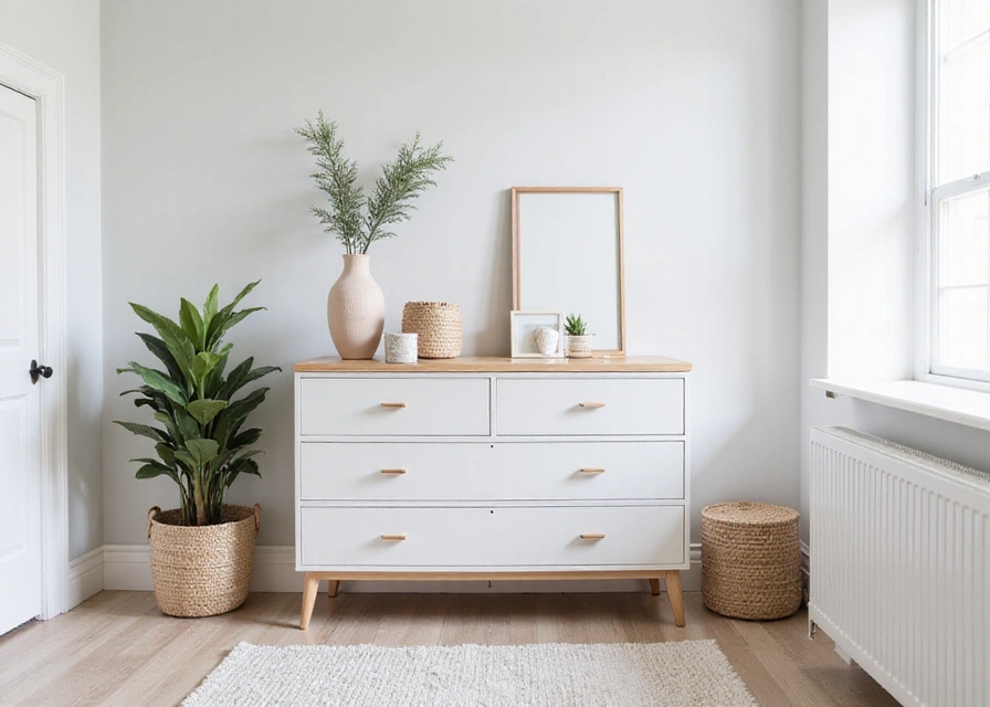Scandinavian-style vegan dresser with neutral tones, cruelty-free materials, and sustainable storage baskets in a tidy bedroom.