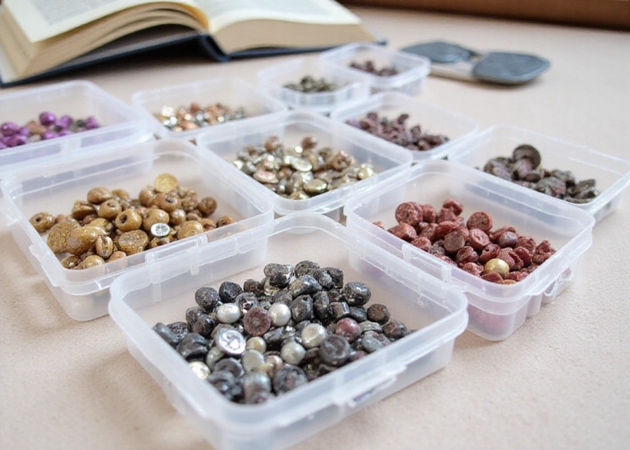 Organized silicone focal beads in clear containers with a crafting book and materials in the background.