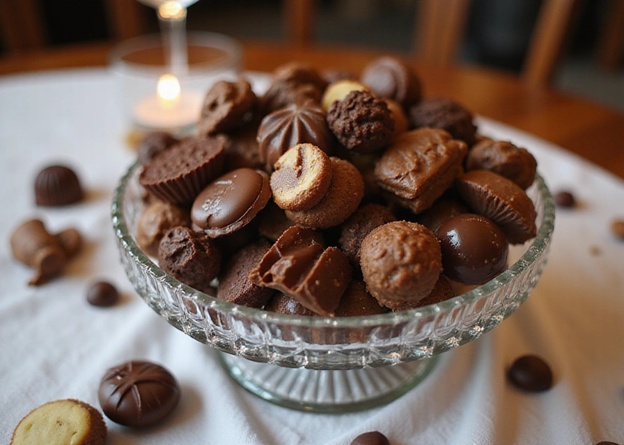 A stylish glass dish filled with gourmet chocolates and candies on a chic dining table for an elegant gathering.