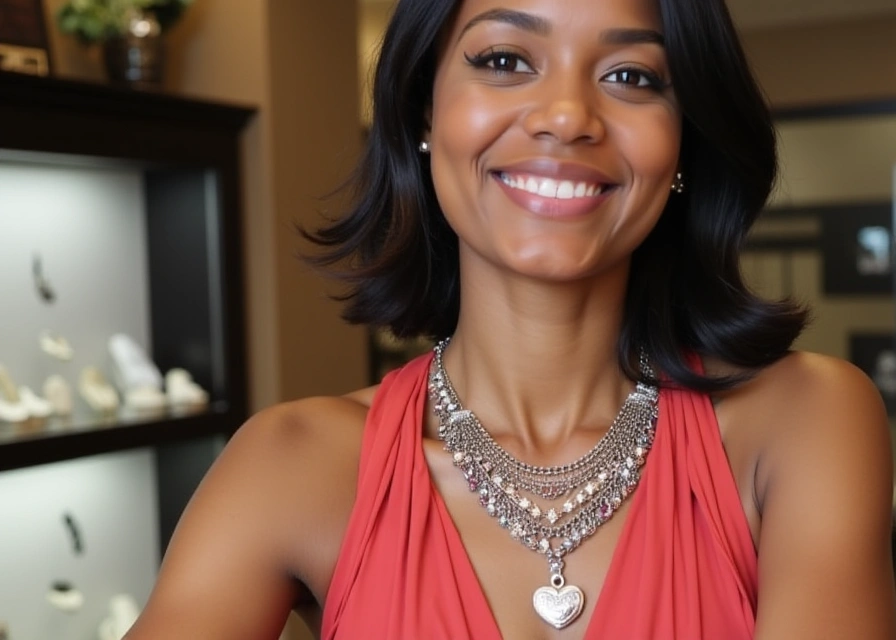 A confident woman smiles while wearing a layered gemstone necklace, with a blurred jewelry store display behind her.