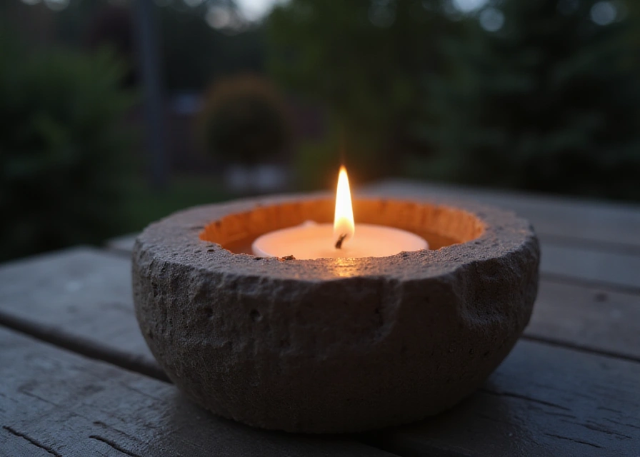 Close-up of textured concrete tea light holder with burning candle on dimly lit outdoor patio, creating cozy ambiance.