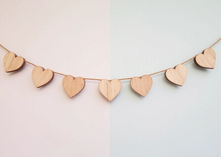 Tiny wooden hearts on twine against a pastel background, ideal for heartfelt gifts or decor.