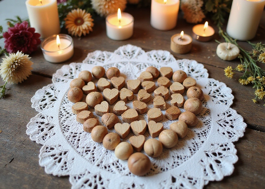 Tiny wooden hearts arranged in a heart shape on a lace doily with dried flowers and candles, radiating warmth and sentiment.