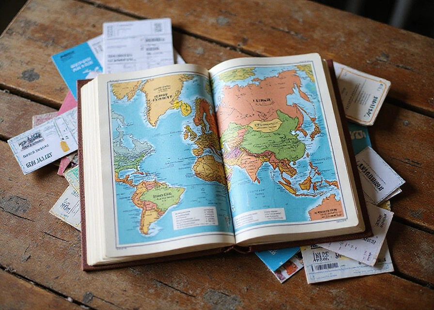 A vibrant collage of travel mementos including tickets, maps, and photos in an open journal on a rustic wooden table.
