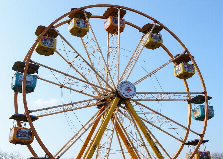 A whimsical Ferris wheel with colorful cabins displaying framed photos of sunny vacations and family gatherings.