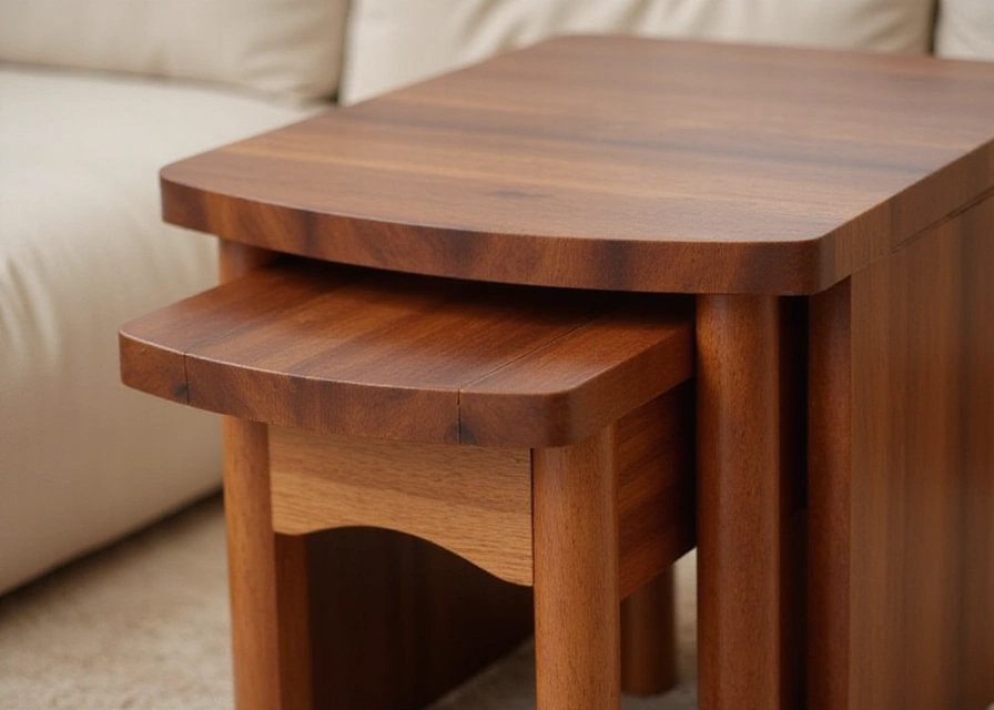Close-up of stacked wooden nesting coffee tables in a cozy home, highlighting elegant design and space-saving functionality.