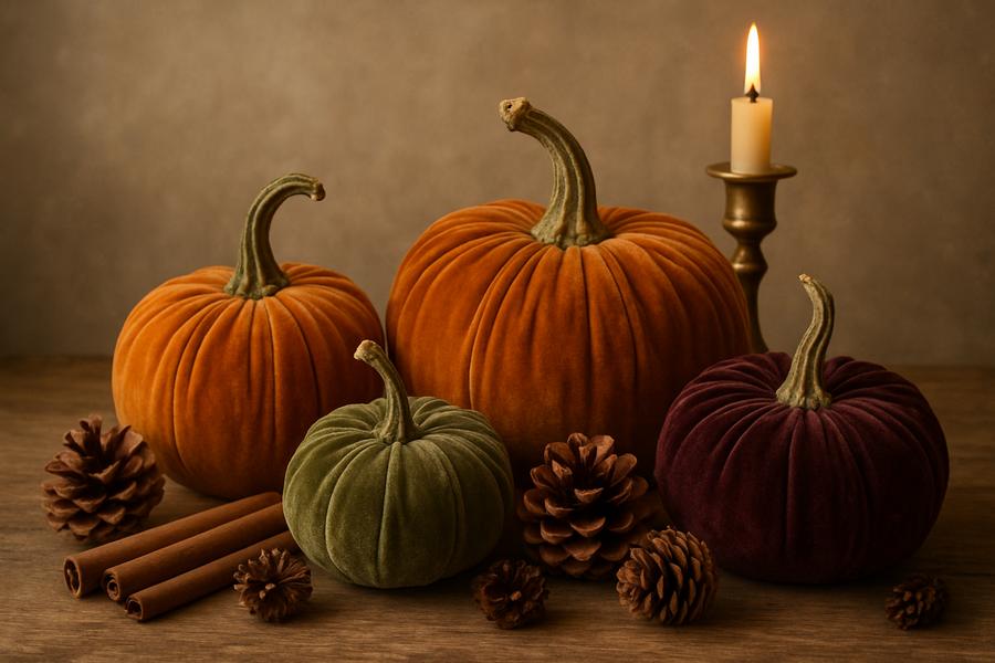 A charming fall vignette with velvet pumpkins, cinnamon sticks, pinecones, and a vintage brass candle holder.