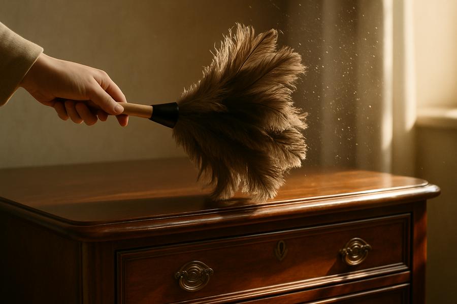 A hand dusting an antique dresser with an ostrich feather duster, sunlight illuminating floating dust particles.