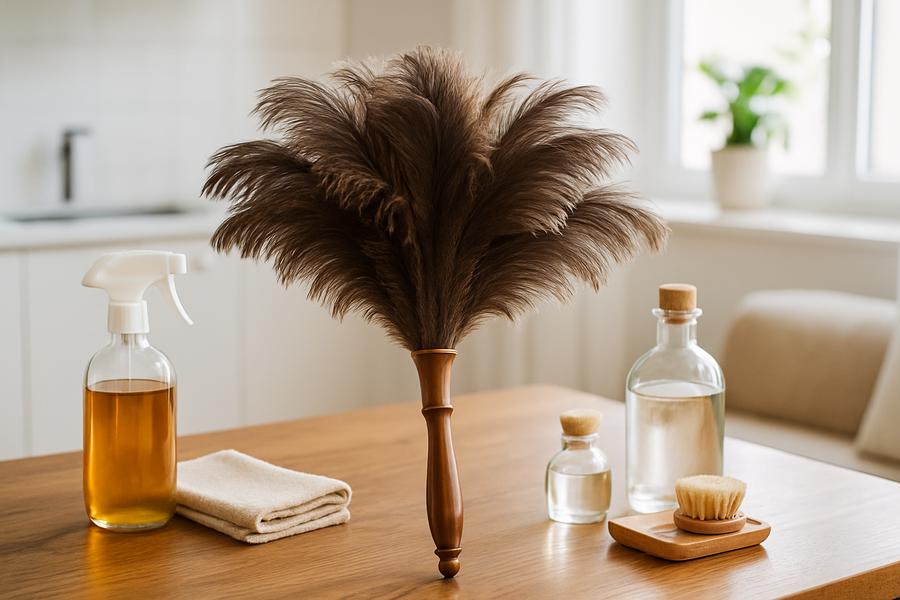 A luxurious ostrich feather duster on a wooden table with cleaning supplies in a bright modern home.